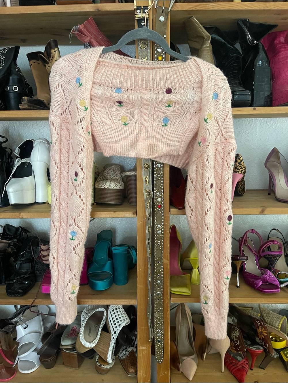 Soft Pink Embroidered Knit Women's Sweater and tube top